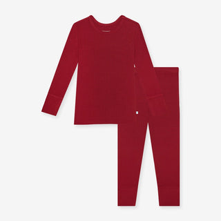 Posh Peanut- Solid Ribbed - Dark Red - Long Sleeve Basic Pajama - Charlie Rae - 12-18 Months - Baby & Toddler Sleepwear - Posh Peanut