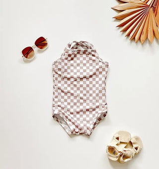 Tan Checkered- One-Piece Swimsuit - Charlie Rae - 0-6 Months - Orcas Lucille