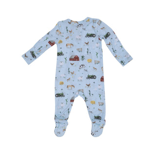 Angel Dear - Big Red Barn (Blue) - Bamboo 2-Way Zipper Footie - Charlie Rae - Newborn - Baby & Toddler Sleepwear - Angel Dear