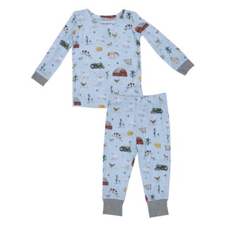 Angel Dear - Big Red Barn (Blue) - Long-Sleeve Bamboo Loungewear Set - Charlie Rae - 6-12 Months - Baby & Toddler Sleepwear - Angel Dear