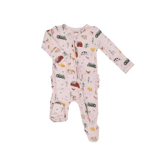 Angel Dear - Big Red Barn (Pink) - Bamboo 2-Way Ruffled Zipper Footie - Charlie Rae - Newborn - Baby & Toddler Sleepwear - Angel Dear