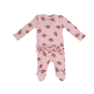 Angel Dear - Football (Pink) - Bamboo 2-Way Ruffled Zipper Footie - Charlie Rae - Newborn - Baby & Toddler Sleepwear - Angel Dear
