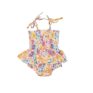 Angel Dear - Painty Bright Floral- Smocked Bubble W/ Skirt - Charlie Rae - 0-3 Months - Baby One-Pieces - Angel Dear
