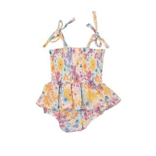 Angel Dear - Painty Bright Floral- Smocked Bubble W/ Skirt - Charlie Rae - 0-3 Months - Baby One-Pieces - Angel Dear