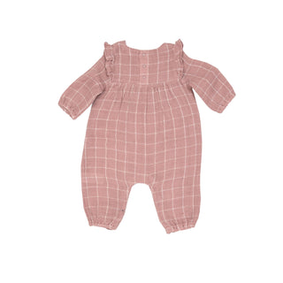 Angel Dear - Rose Tan Grid- Muslin Ruffle Sleeve Romper - Charlie Rae - 0-3 Months - Baby & Toddler Outfits - Angel Dear