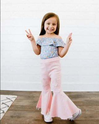 Barbie Pleated Denim Bell Bottoms- PowerPuff Distressed Pink - Charlie Rae - 12-18 Months - Baby & Toddler Bottoms - Bailey's Blossoms