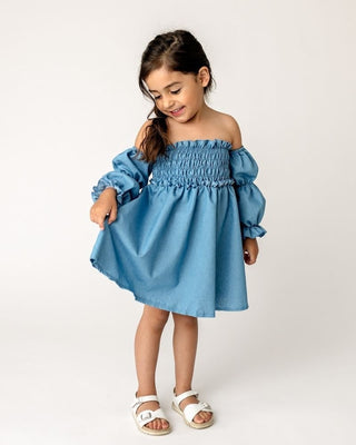 Calliope Puff Sleeve Off Shoulder Dress - Blue Chambray - Charlie Rae - 12-18 Months - Baby & Toddler Dresses - Bailey's Blossoms