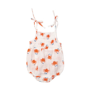 Crabby Cuties - Muslin Tie Strap Smocked Bubble - Charlie Rae - 0-3 Months - Baby One-Pieces - Angel Dear