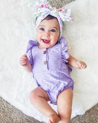 Denise Button Front Ruffle Romper - Lavender Eyelet - Charlie Rae - 0-3 Months - Baby One-Pieces - Bailey's Blossoms