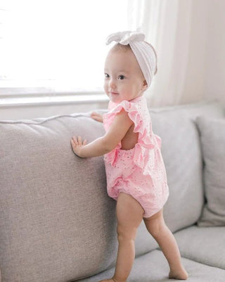 Denise Button Front Ruffle Romper - Pink Eyelet - Charlie Rae - 0-3 Months - Baby One-Pieces - Bailey's Blossoms