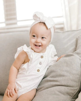 Denise Button Front Ruffle Romper - White Eyelet - Charlie Rae - 0-3 Months - Baby One-Pieces - Bailey's Blossoms