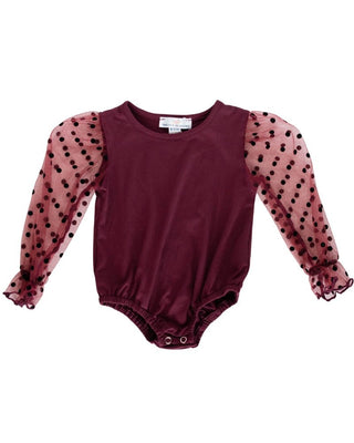 Destinee Sheer Dot Sleeve Leotard - Wine - Charlie Rae - 9-12 Months - Baby & Toddler Tops - Bailey's Blossoms