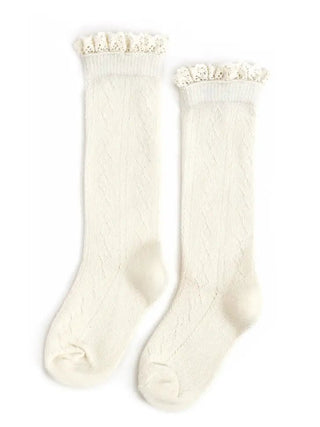 Ivory Fancy Lace Top Knee-High Socks - Charlie Rae - 0-6 Months - Socks - Little Stocking Co.