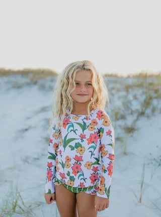 Kids Long Sleeve Moss Stripe & Floral Rash Guard Swimsuit - Charlie Rae - 2T - Baby & Toddler Swimwear - Wren & James