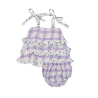 Lavender Rose + Gingham Tiered Sundress W Back Smocking & Diaper Cover - Charlie Rae - 6-12 Months - Baby & Toddler Dresses - Angel Dear