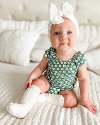 Maggie Cap Sleeve Leotard- Green with Daisy Floral - Charlie Rae - 0-3 Months - Baby One-Pieces - Bailey's Blossoms
