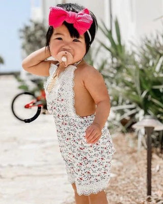 Nikki Lace Halter Romper- White Floral - Charlie Rae - 0-3 Months - Baby One-Pieces - Bailey's Blossoms