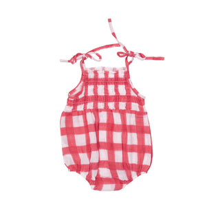 Painted Gingham Red- Tie Strap Smocked Bubble - Charlie Rae - 0-3 Months - Baby One-Pieces - Angel Dear