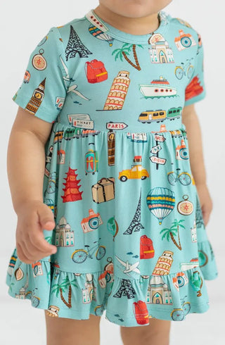 Posh Peanut- Around the World - Short Sleeve Ruffled Bodysuit Dress - Charlie Rae - 0-3 Months - Baby & Toddler Dresses - Posh Peanut