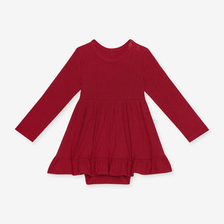 Posh Peanut- Solid Ribbed - Dark Red - Long Sleeve Ruffled Bodysuit Dress - Charlie Rae - 0-3 Months - Baby & Toddler Dresses - Posh Peanut