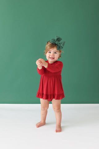 Posh Peanut- Solid Ribbed - Dark Red - Long Sleeve Ruffled Bodysuit Dress - Charlie Rae - 0-3 Months - Baby & Toddler Dresses - Posh Peanut