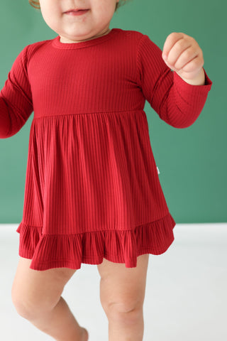 Posh Peanut- Solid Ribbed - Dark Red - Long Sleeve Ruffled Bodysuit Dress - Charlie Rae - 0-3 Months - Baby & Toddler Dresses - Posh Peanut