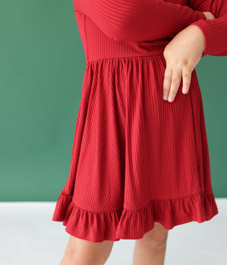 Posh Peanut - Solid Ribbed - Dark Red - Long Sleeve Ruffled Twirl Dress - Charlie Rae - 2T - Baby & Toddler Dresses - Posh Peanut