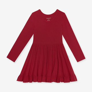 Posh Peanut - Solid Ribbed - Dark Red - Long Sleeve Ruffled Twirl Dress - Charlie Rae - 2T - Baby & Toddler Dresses - Posh Peanut
