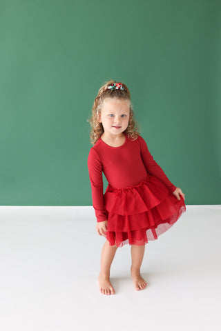 Posh Peanut- Solid Ribbed - Dark Red - Long Sleeve Tulle Dress - Charlie Rae - 2T - Baby & Toddler Dresses - Posh Peanut