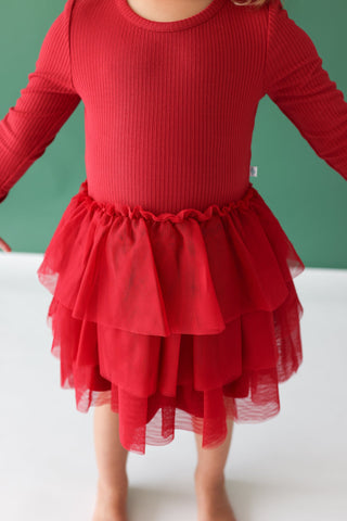 Posh Peanut- Solid Ribbed - Dark Red - Long Sleeve Tulle Dress - Charlie Rae - 2T - Baby & Toddler Dresses - Posh Peanut