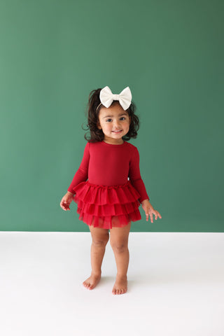 Posh Peanut- Solid Ribbed - Dark Red - Long Sleeve Tulle Skirt Bodysuit - Charlie Rae - 0-3 Months - Baby & Toddler Dresses - Posh Peanut