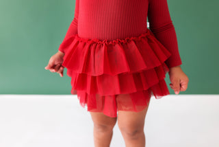 Posh Peanut- Solid Ribbed - Dark Red - Long Sleeve Tulle Skirt Bodysuit - Charlie Rae - 0-3 Months - Baby & Toddler Dresses - Posh Peanut