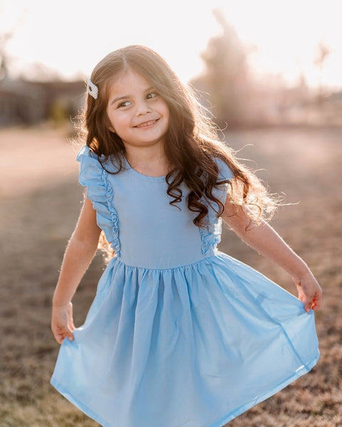 Blue dress hotsell with ruffle sleeves