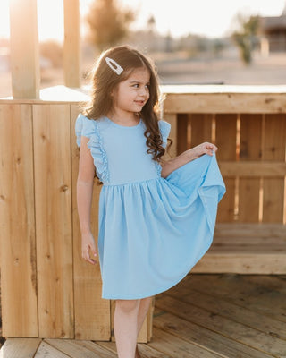 Zoey Ruffle Sleeve Dress - Cool Blue - Charlie Rae - 0-3 Months - Baby & Toddler Dresses - Bailey's Blossoms